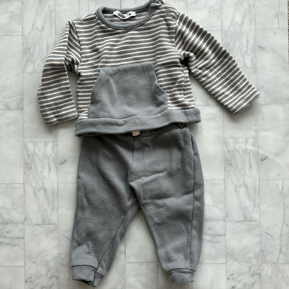 Babidu Baby Boys Grey Cotton Long Sleeve Shirt & Pants Matching Set